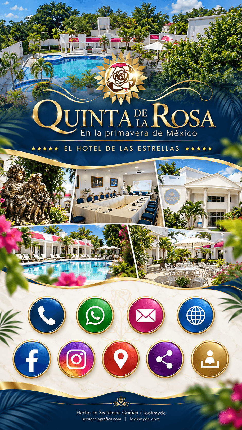 Tarjeta digital de Quinta de la Rosa: alberca, instalaciones y nueve botones de contacto